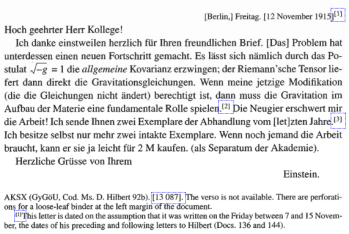 Contenido de la carta original de Einstein a David Hilbert del 12 de noviembre de 1915 (tomado de: http://einsteinpapers.press.princeton.edu)